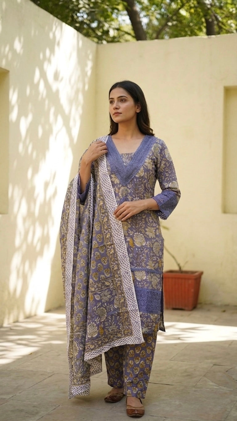 Woman in a traditional outfit standing outdoors with a neutral background