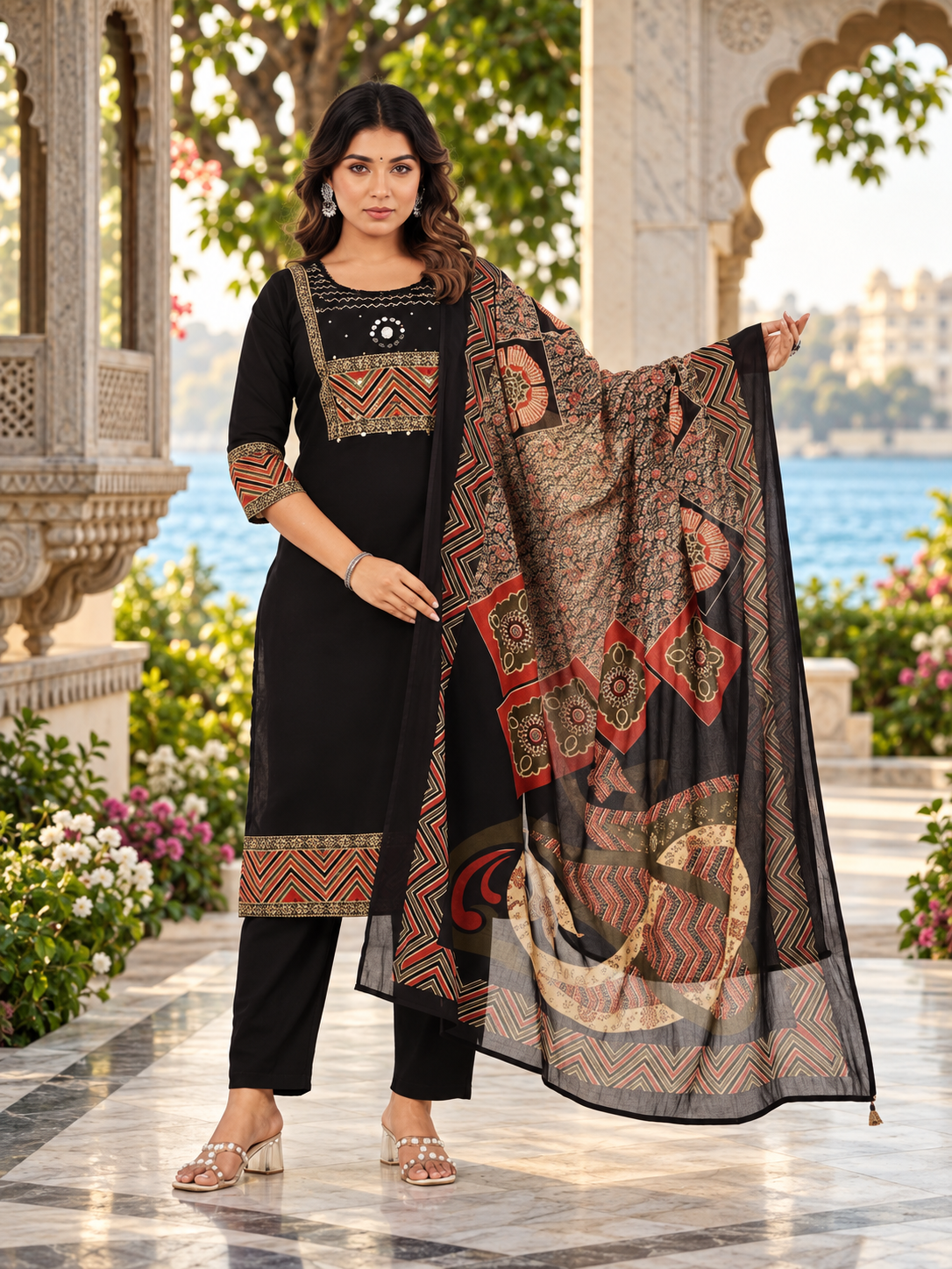 Elegant Black Ajrakh Print Kurta Set with Dupatta