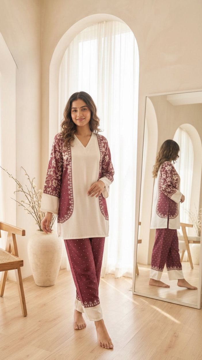 Woman in a matching outfit standing in a room with a mirror.