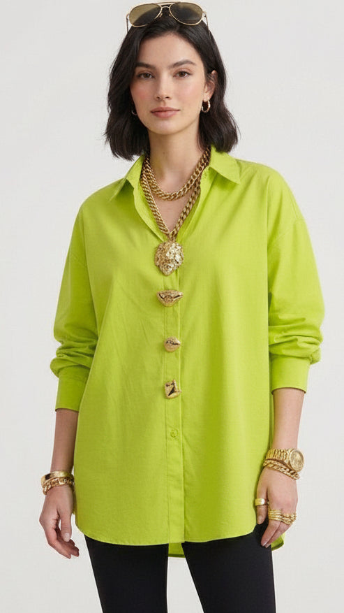 Neon Lime Oversized Button-Down Cotton Shirt