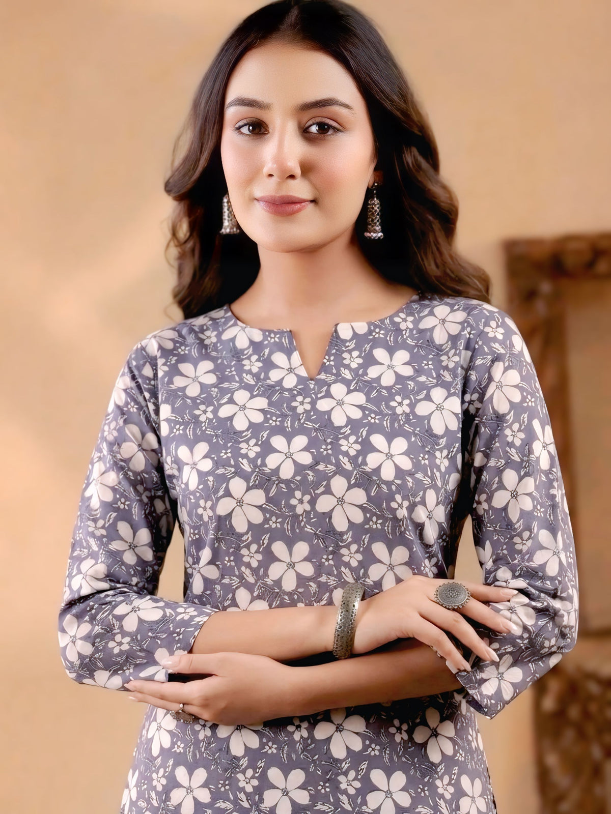 Grey Floral Print Cotton Tunic Top