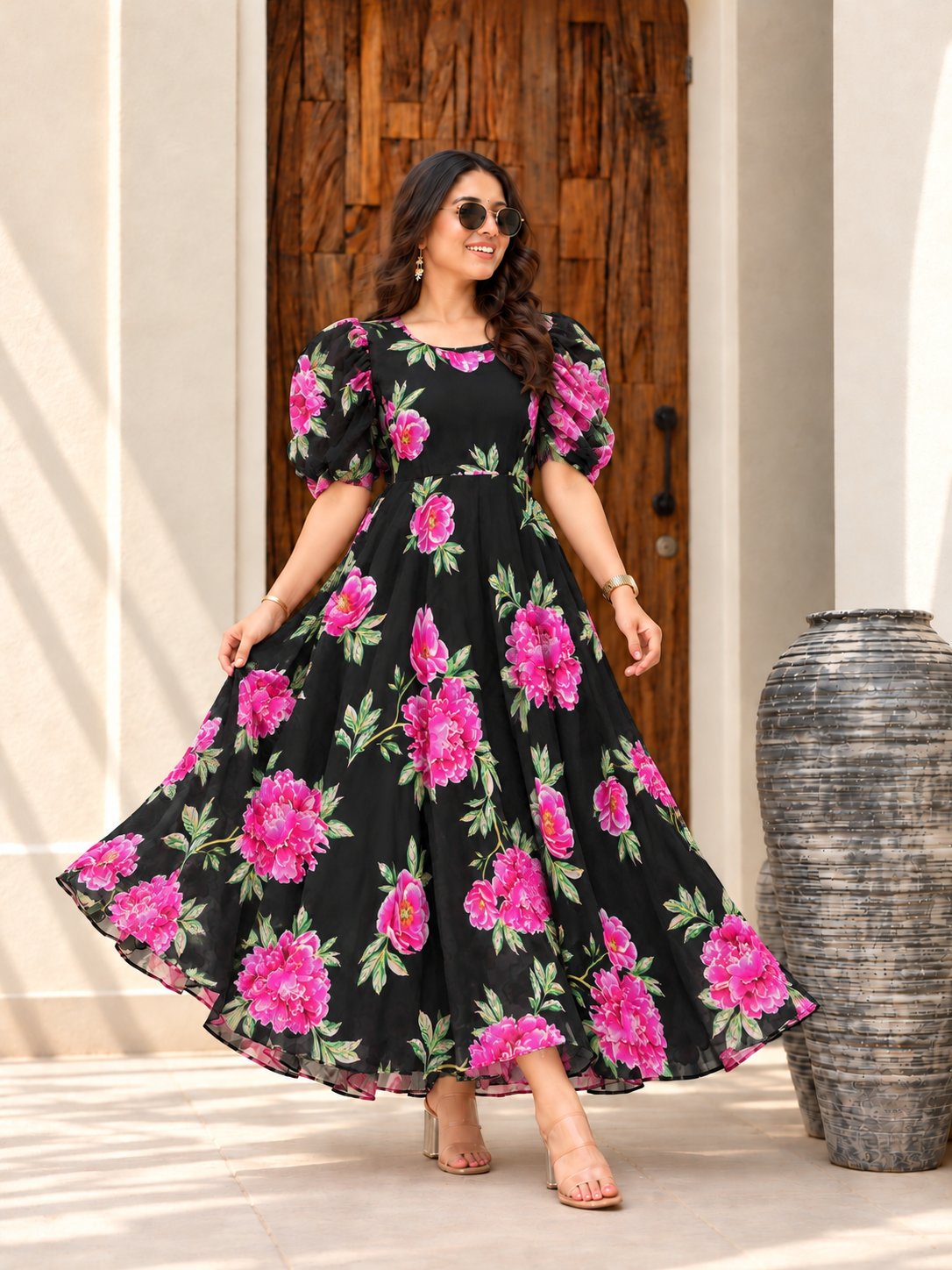 Black Floral Line Maxi Dress