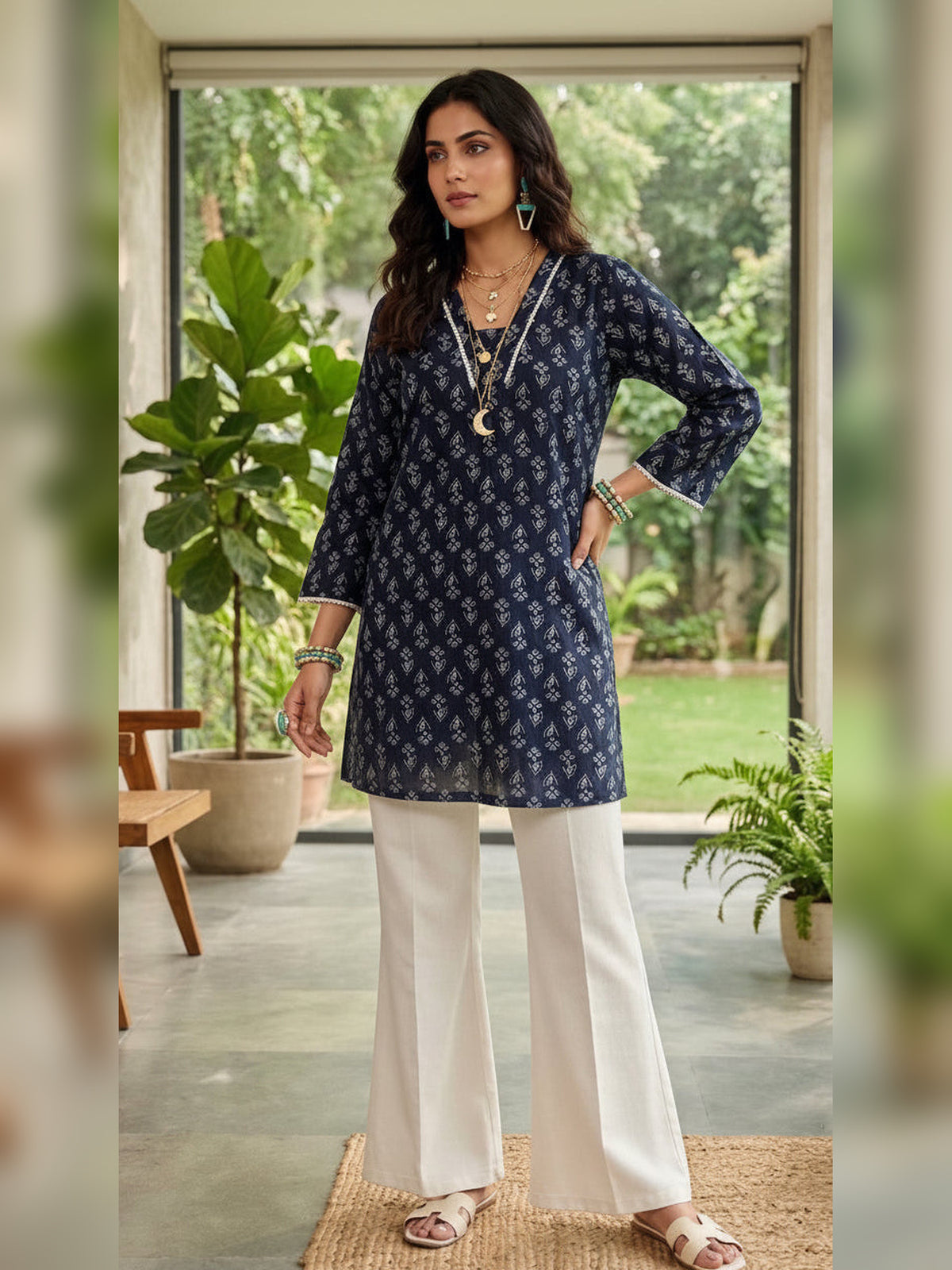 Onyx Black V-Neck Short Kurti Tunic with Lace Trim