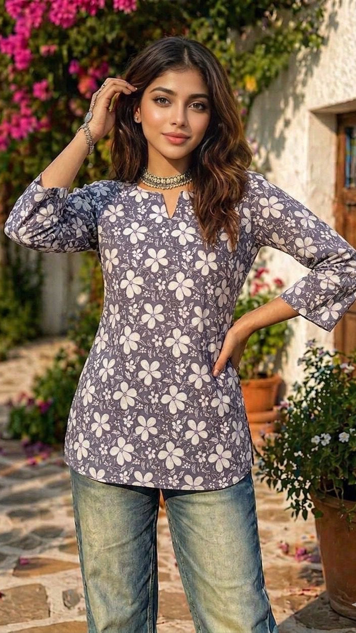 Woman wearing a floral top and jeans standing outdoors with plants and flowers in the background