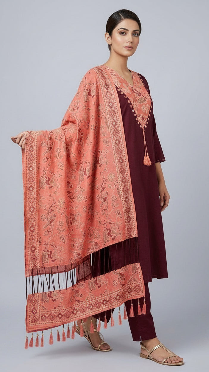 Woman holding a pink patterned shawl against a gray background
