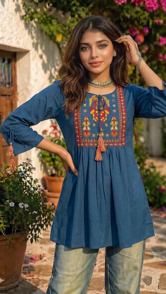 Bohemian Embroidered Square-Neck Flared Tunic