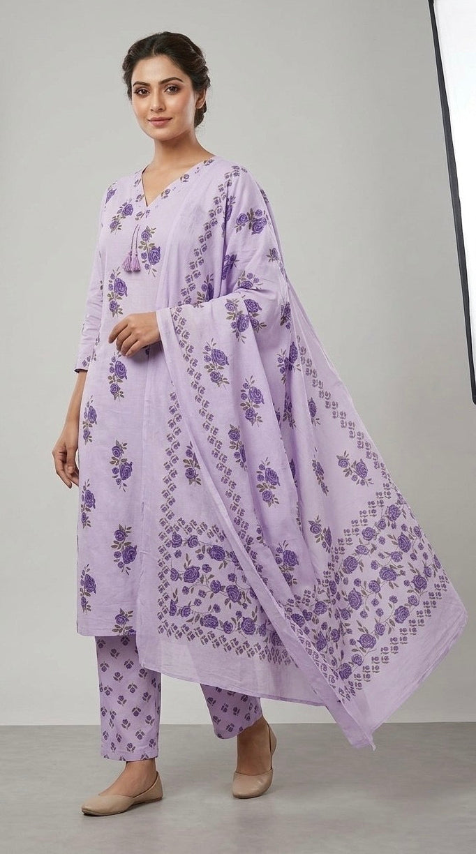 Woman wearing a light purple traditional outfit with floral patterns on a gray background