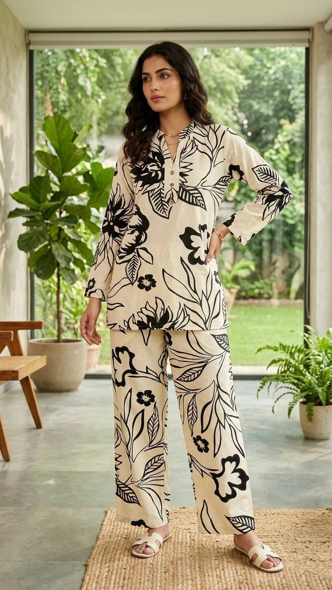 Woman wearing a black and white floral outfit standing in a modern indoor setting with large windows.