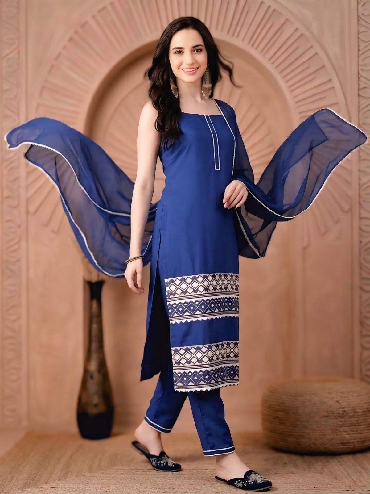 Indigo Blue Straight Kurta Pant Set with Sheer Dupatta