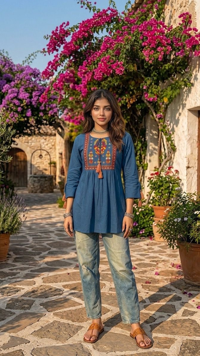 Woman in a blue embroidered top and jeans standing in a picturesque alley with flowers and stone buildings.