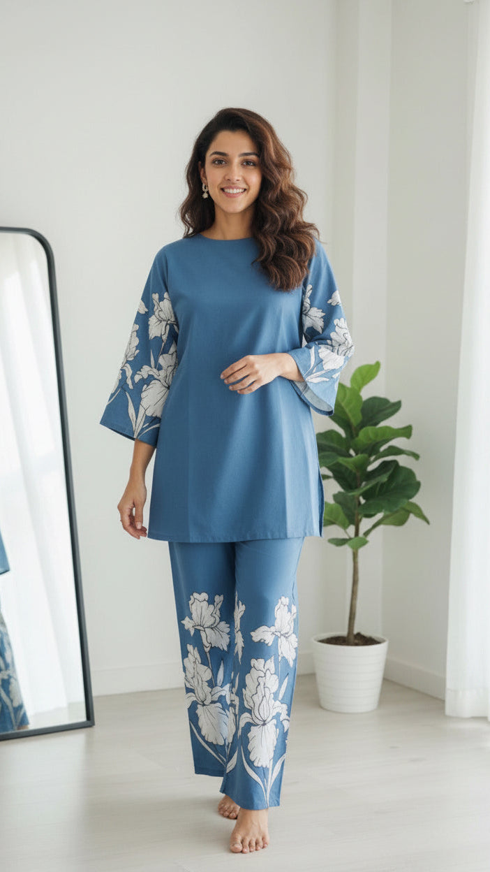 Woman wearing a blue floral outfit standing in a room with a plant and mirror.