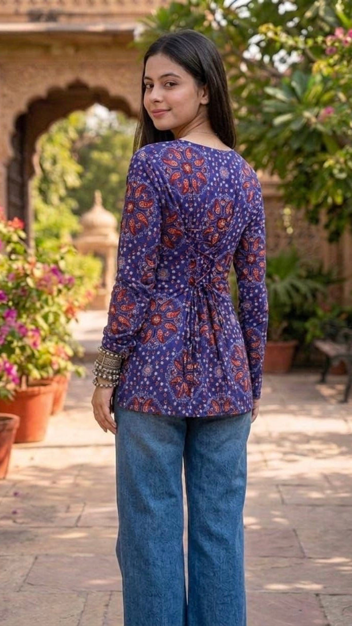 Violet Purple Ajrakh Mandala Print Cotton Short Tunic