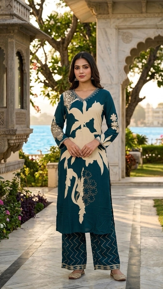Woman in a traditional outfit standing in an elegant outdoor setting with architectural elements and greenery.