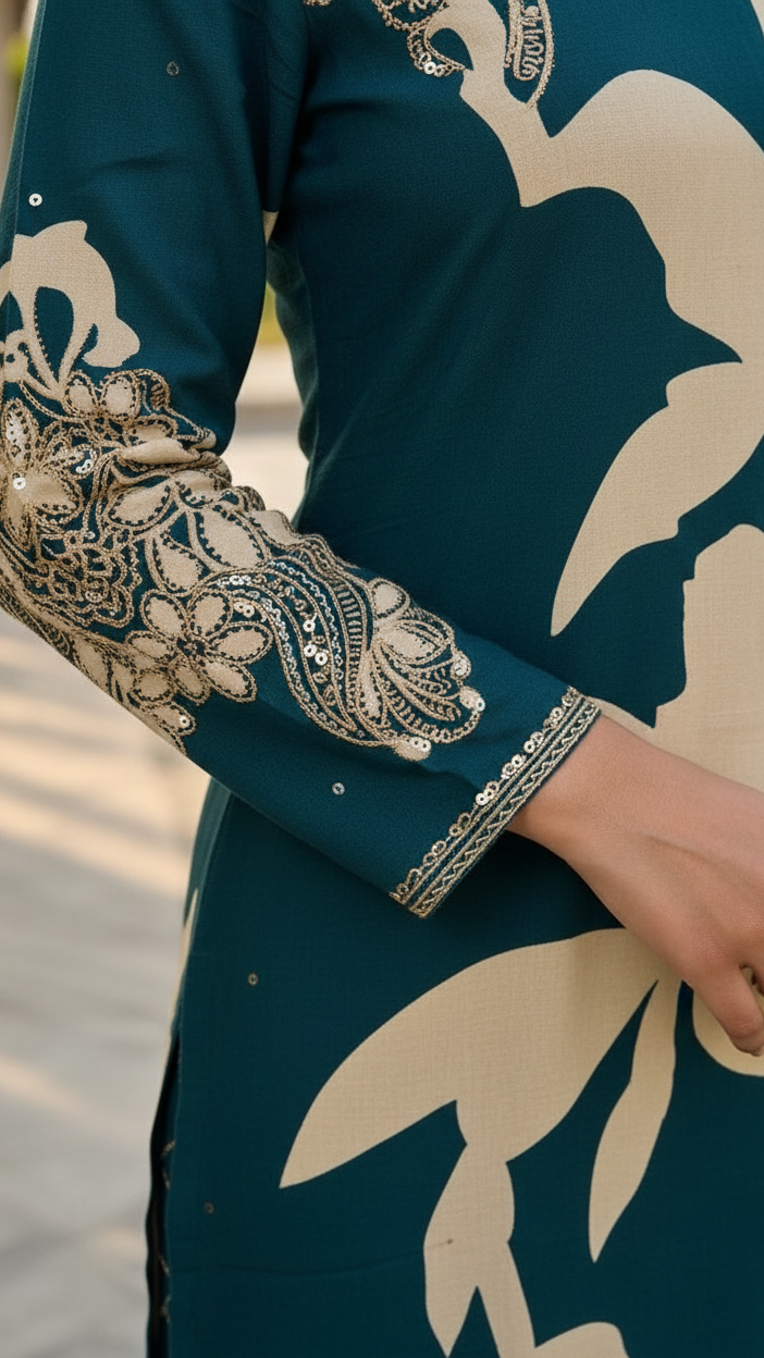 Deep Teal V-Neck Kurta & Chevron Palazzo