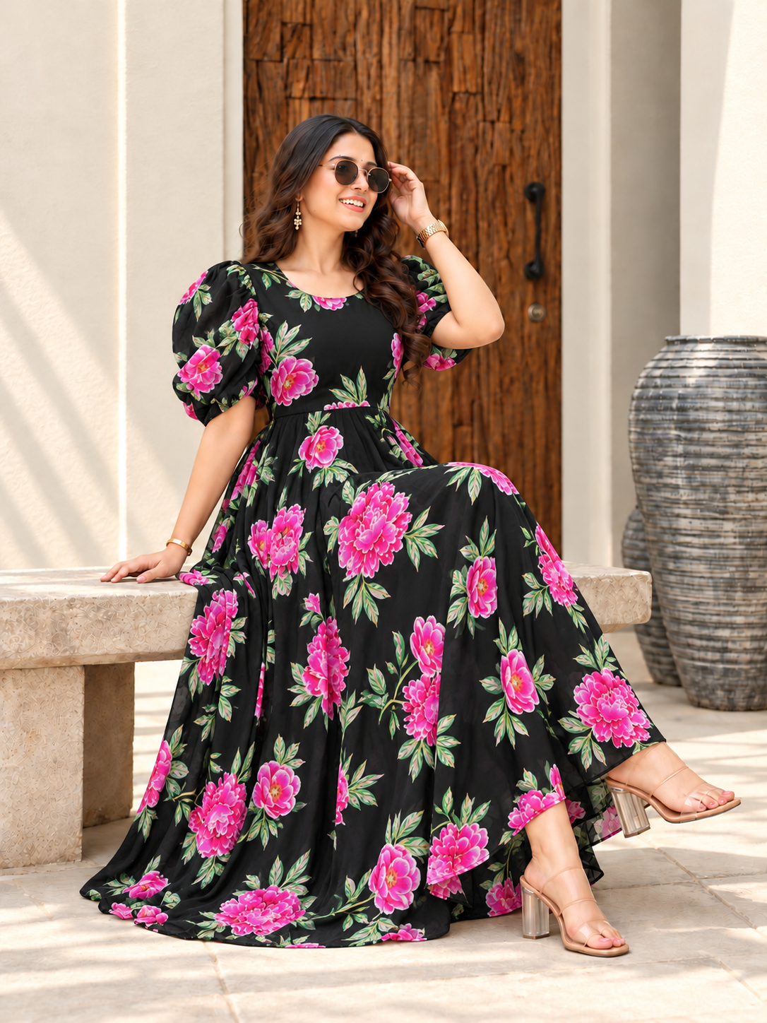 Black Floral Line Maxi Dress