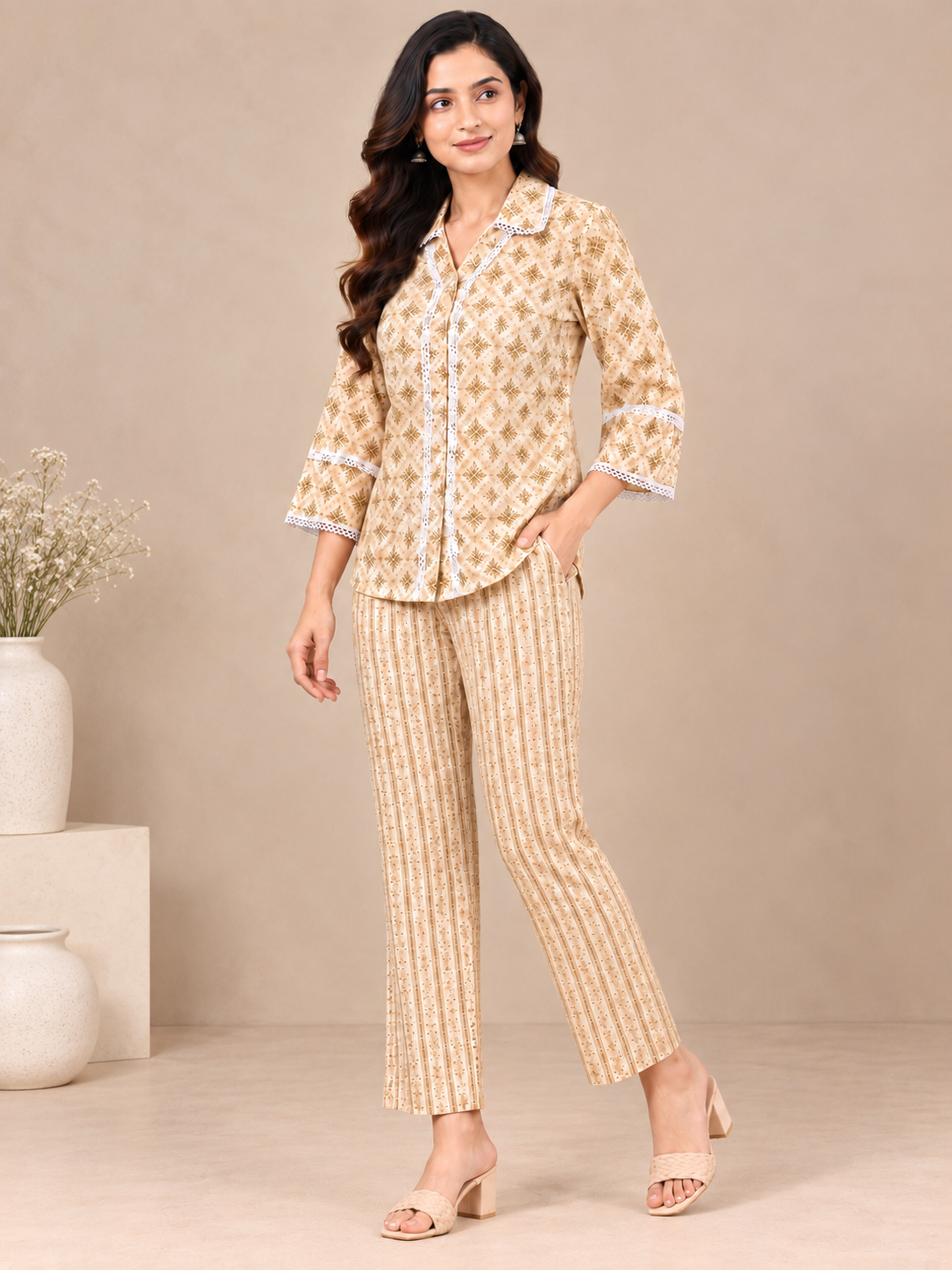 Beige Geometric Print Cotton Co-ord Set