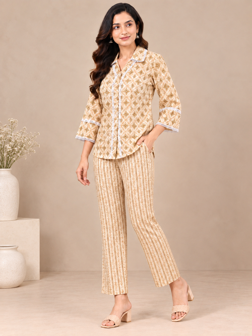 Beige Geometric Print Cotton Co-ord Set