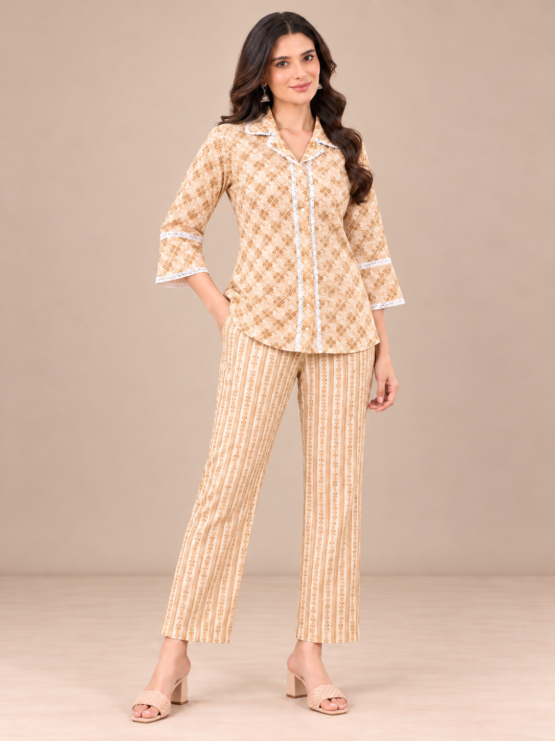 Beige Geometric Print Cotton Co-ord Set