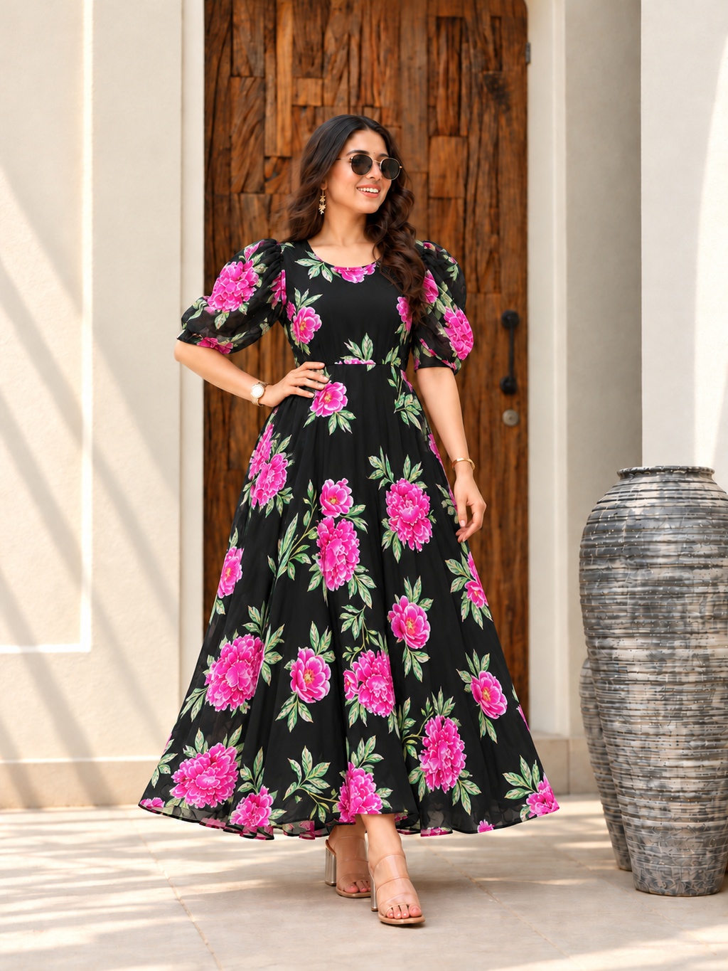 Black Floral Line Maxi Dress