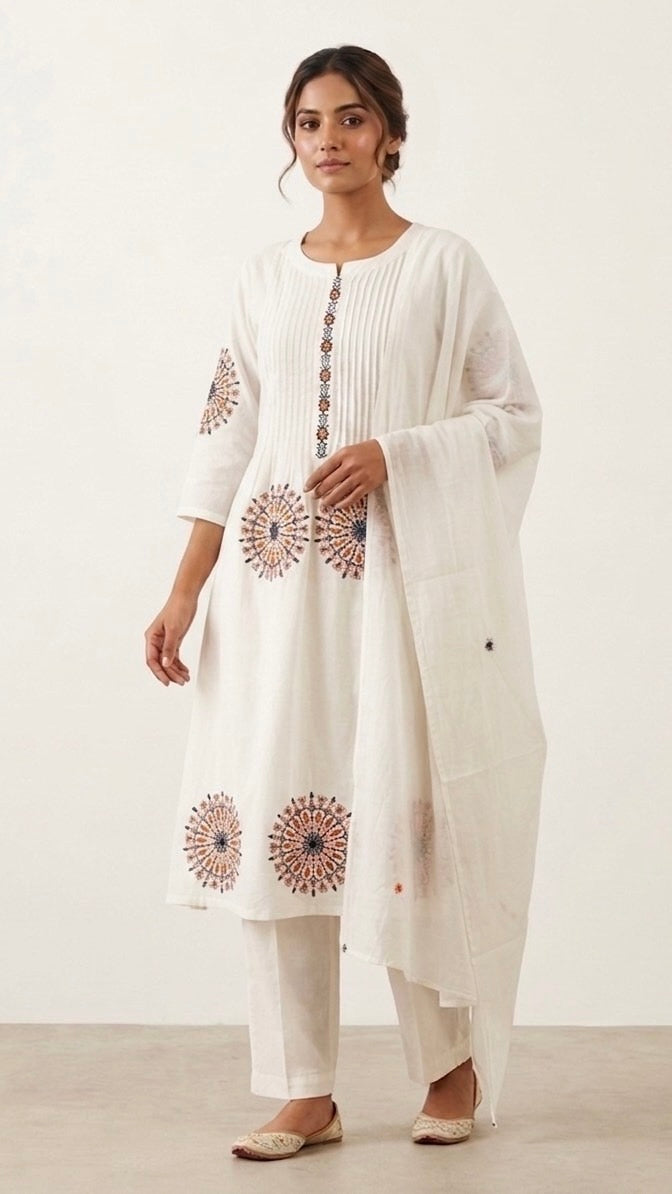 Woman wearing a white kurta with floral embroidery on a plain background