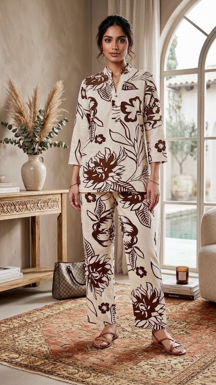 Woman in a floral outfit standing in a stylish room with decor elements.