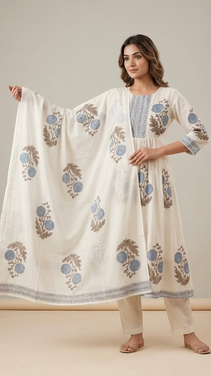 Woman wearing a white embroidered outfit with a matching dupatta on a neutral background