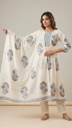 Woman wearing a white embroidered outfit with a matching dupatta on a neutral background