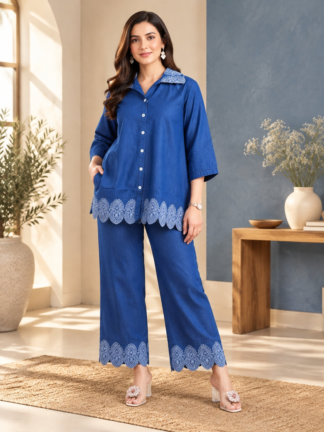 Blue Denim Embroidered Co-ord Set