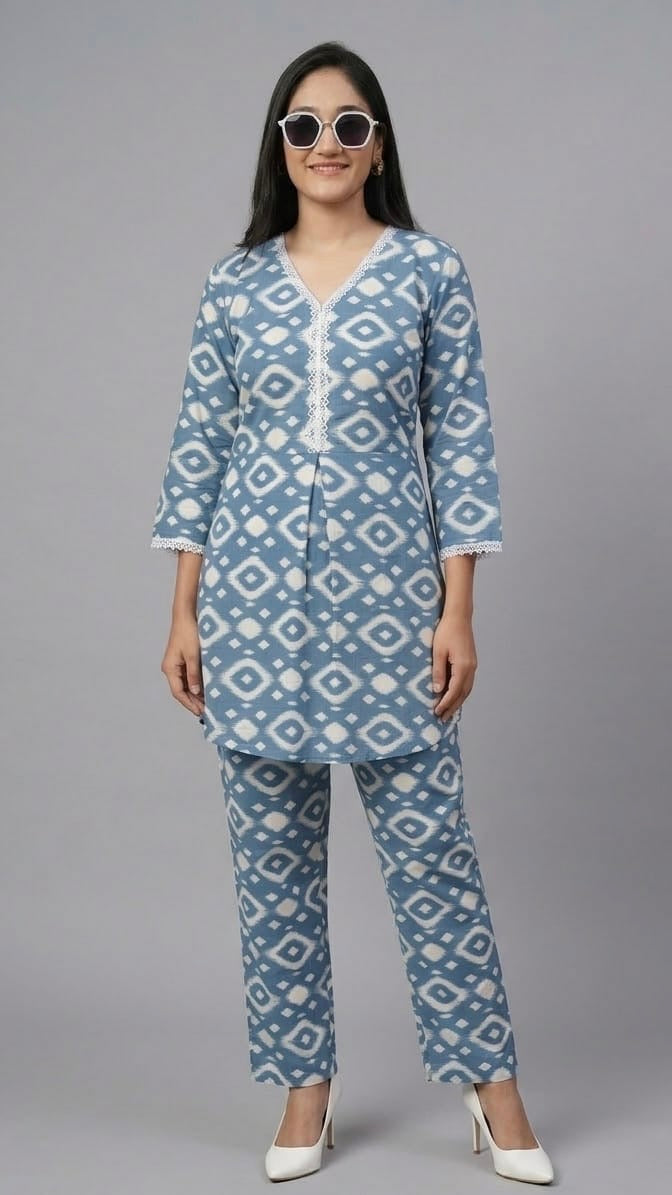 Woman wearing a blue and white patterned kurta with matching pants on a gray background