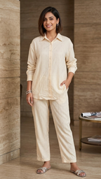 Woman wearing a beige outfit standing against a wooden wall.