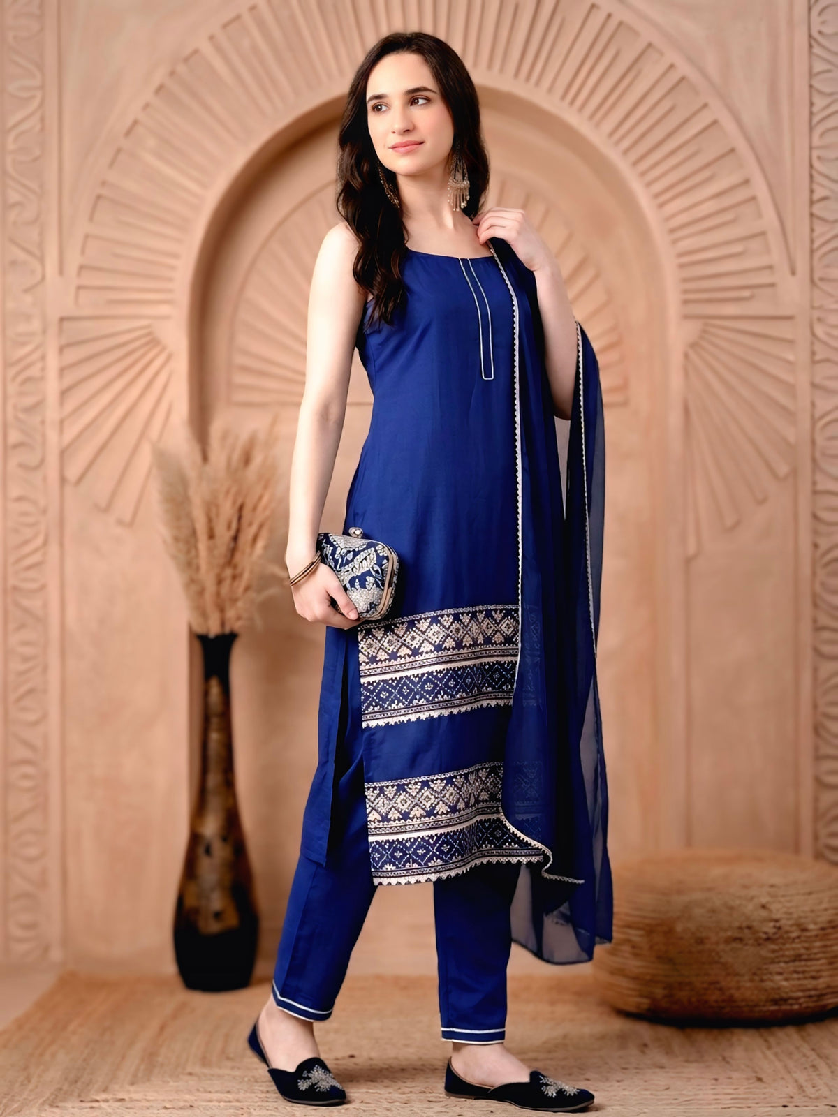 Indigo Blue Straight Kurta Pant Set with Sheer Dupatta