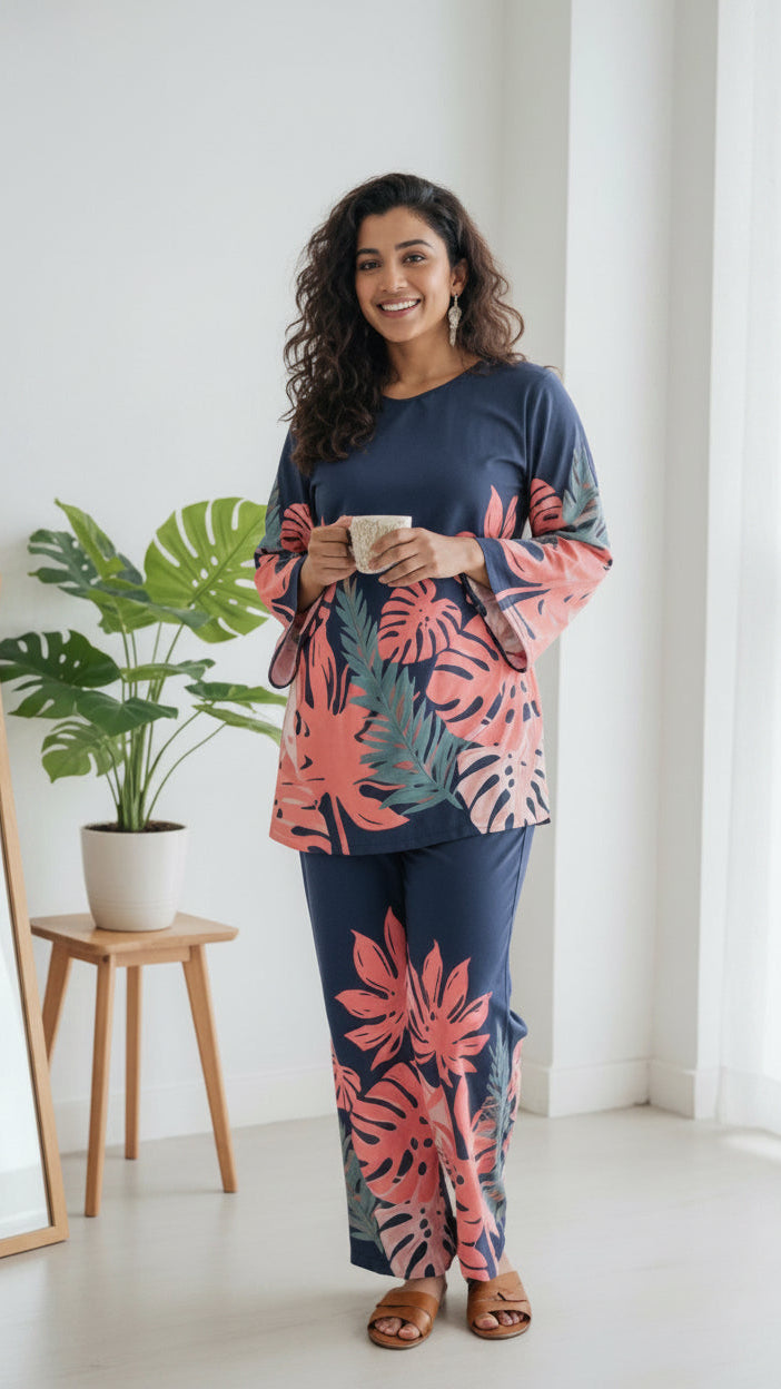 Woman in a floral dress standing in a room with a mirror and plant.