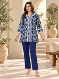 Kivoz Blue Geometric Print Co-ord Set with White Lace