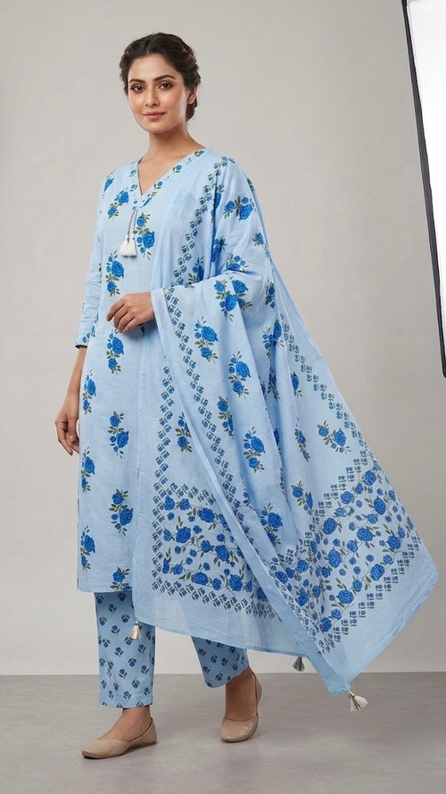 Woman wearing a light blue floral outfit with a matching dupatta on a plain background