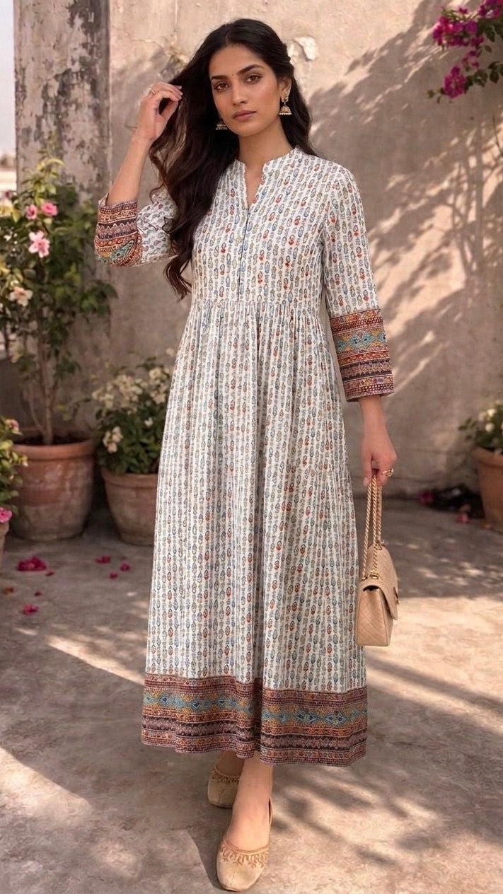 Woman in a long, patterned dress standing outdoors with plants and flowers in the background
