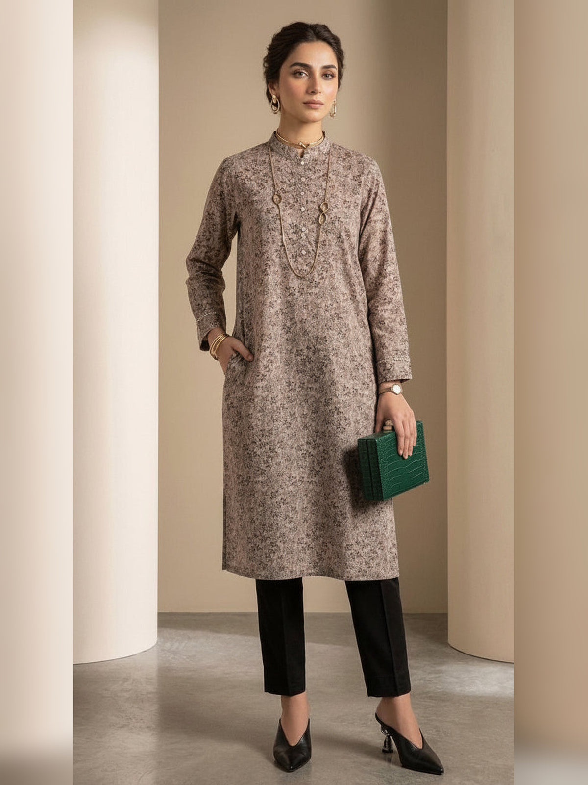 Taupe Grey Vintage Floral Micro-Print Cotton Kurta Set