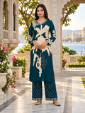 Kivoz Deep Teal V-Neck Kurta & Chevron Palazzo Set