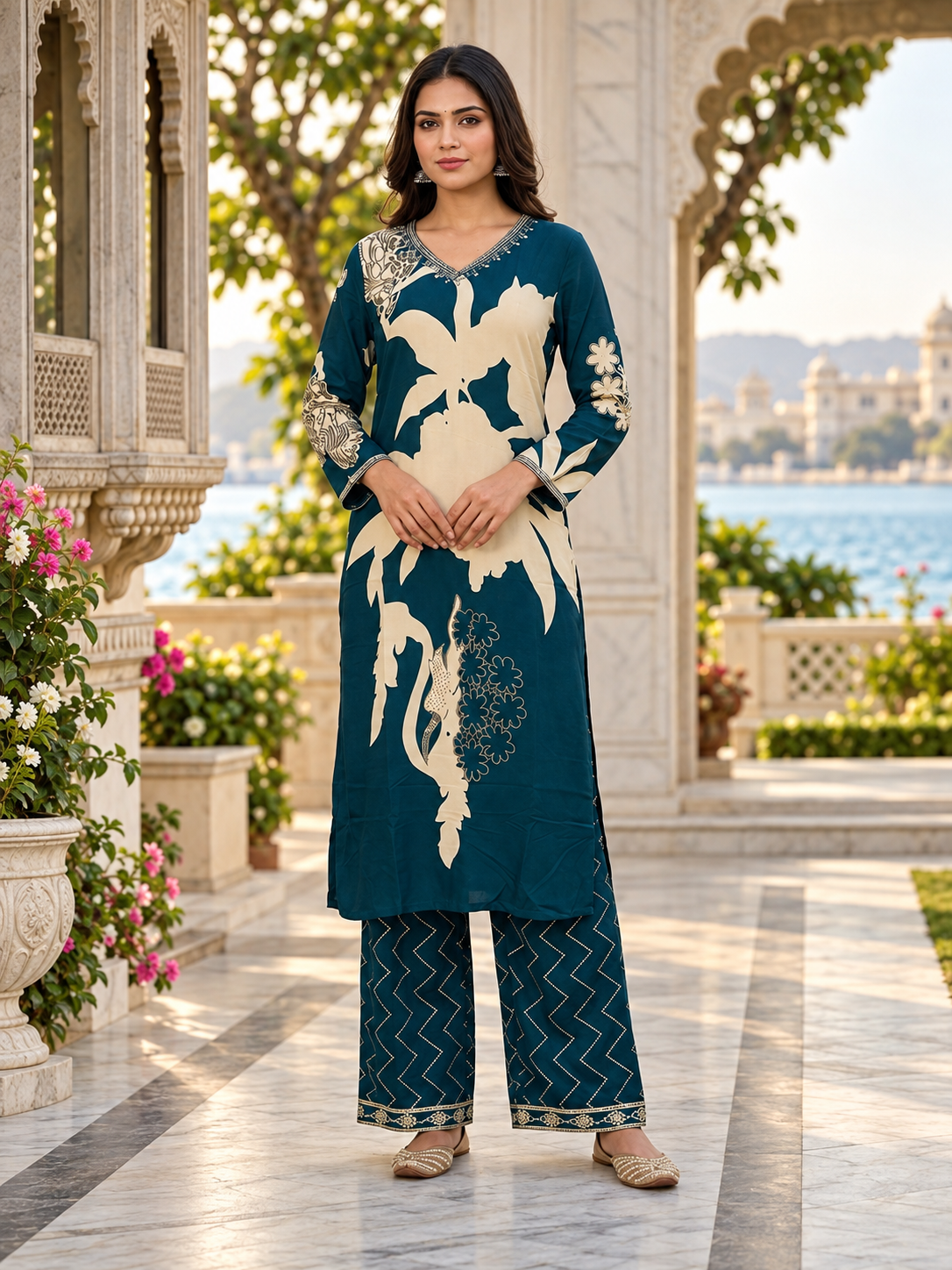 Kivoz Deep Teal V-Neck Kurta & Chevron Palazzo Set