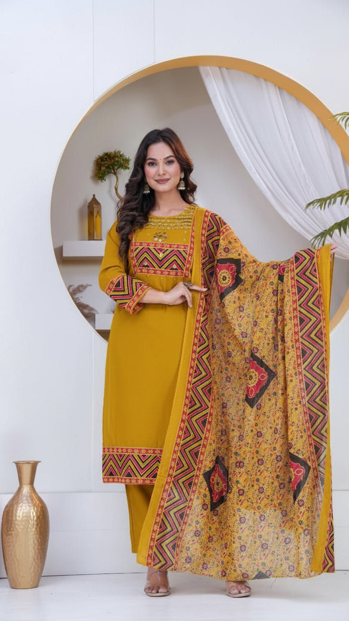Mustard Yellow Embroidered Kurta Set with Printed Dupatta
