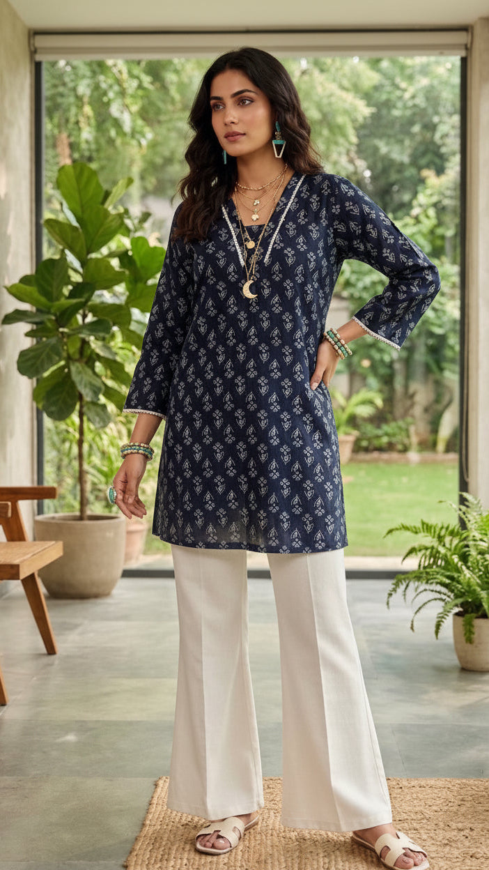 Woman wearing a navy blue patterned kurta with white pants in a modern indoor setting.