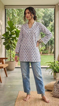 White & Navy Diamond Print V-Neck Short Kurti