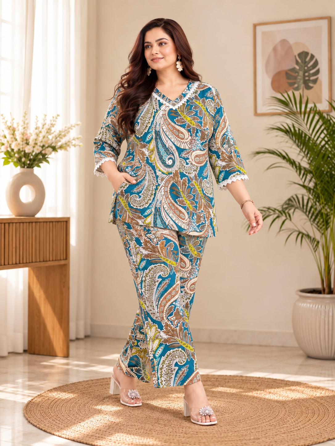 Women’s Paisley Print Co-ord Set with Lace Detail