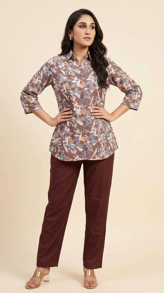 Woman wearing a floral blouse and maroon pants on a beige background