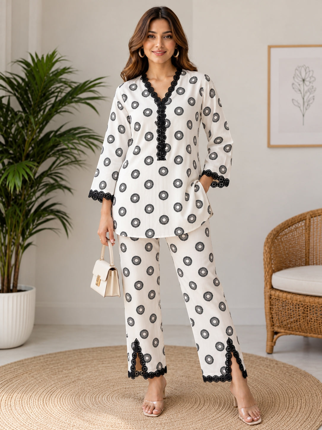 A woman models a matching two-piece lounge set featuring a white base with black circular patterns and black lace trim details, set against a neutral indoor background with a plant and wicker chair.