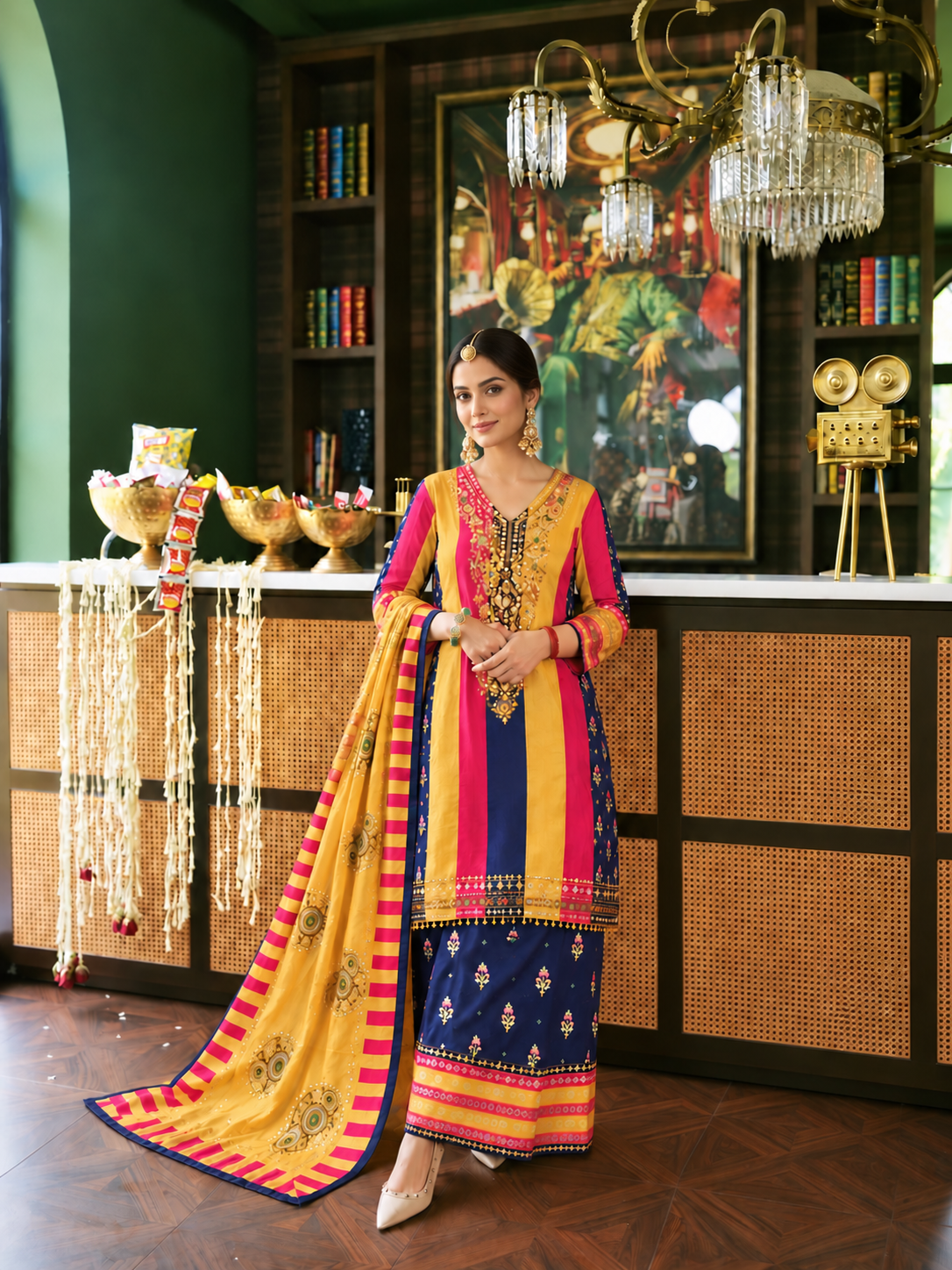 KIVOZ mustard multicolour embroidered kurta set with dupatta for women