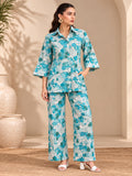 Kivoz women's teal and white abstract floral co-ord set with collared top and straight trousers